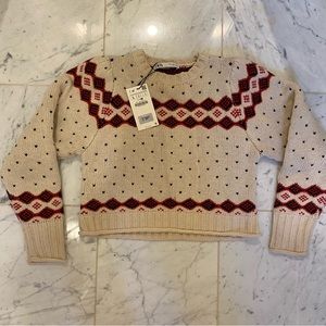 ZARA Fair Isle Jacquard knit sweater cropped puff sleeves padded shoulders